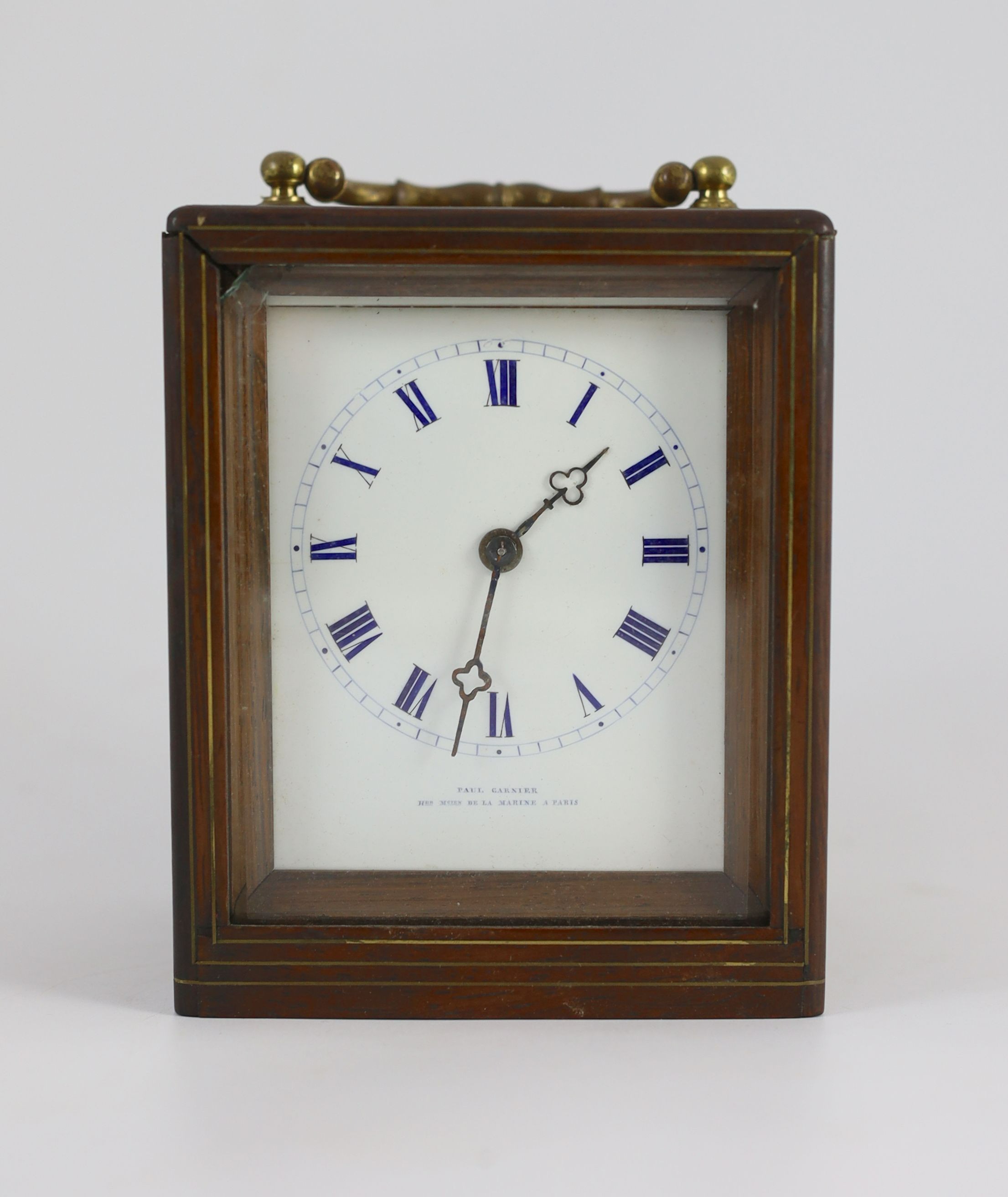 Paul Garnier of Paris. A mid 19th century French inlaid rosewood travelling carriage timepiece, height of case 14.5cm, width 11cm depth 9.5cm